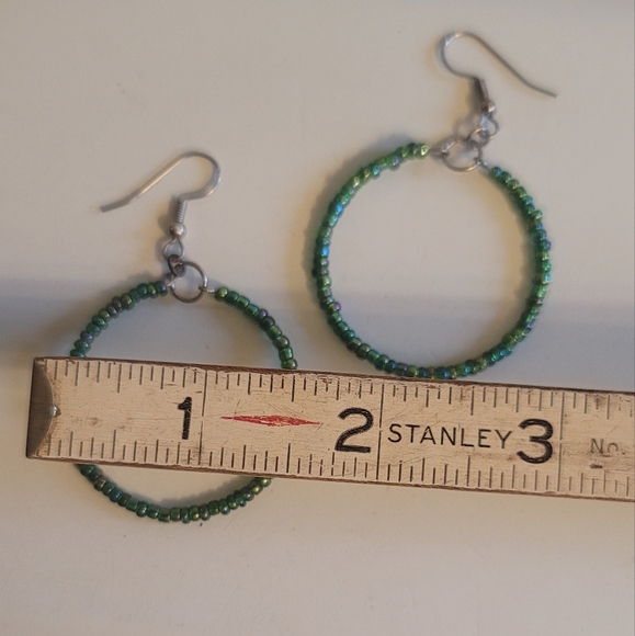 Emerald Green Iridescent Beaded Hoop Earrings - Picture 2 of 11